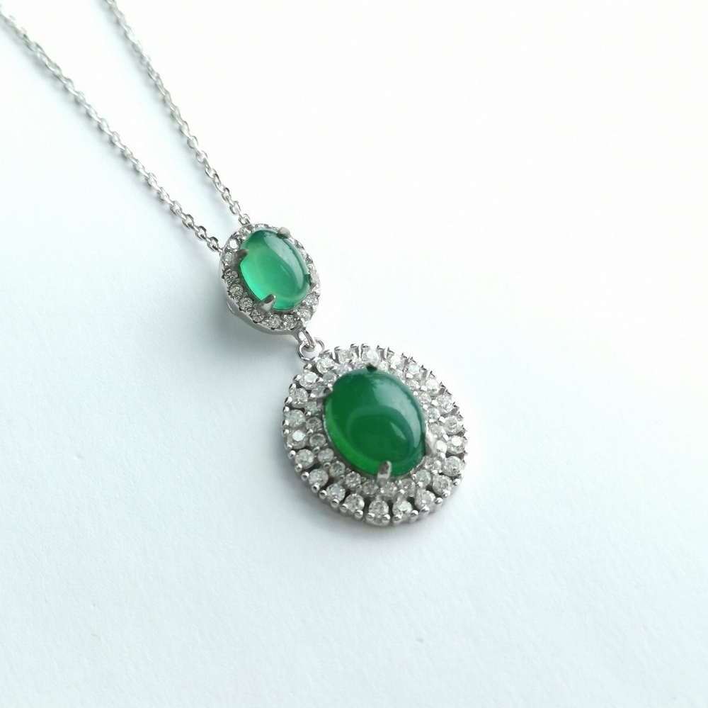 Green Chalcedony CZ Halo Pendant Necklace sterling silver